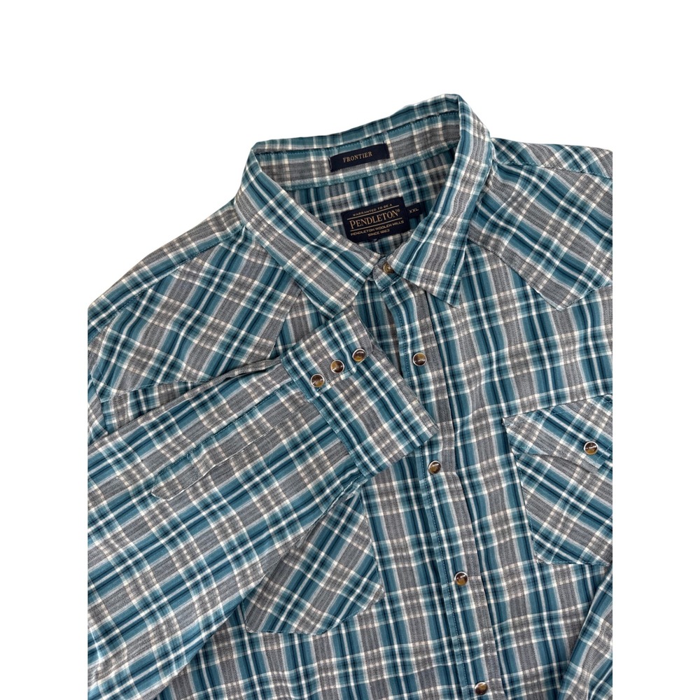 Pendleton Frontier Mens XXL Western Pearl Snap Shirt Plaid Teal Grey Long Sleeve